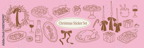 Collection of naive hand drawn Christmas illustrations. Food, turkey, appetizers, drinks, desserts, wreaths with bows. Vintage chalk sketch style for festive designs, menus, invitations, greeting card