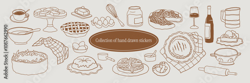 Whimsical line art illustration of pies, rolling pins, and baking tools. Hand-drawn vector sketch perfect for recipe books, menus, and cozy kitchen decor.       