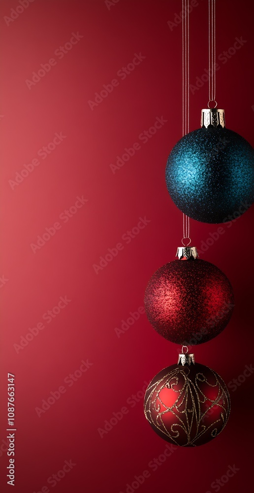 Elegant Hanging Christmas Baubles in Red and Blue on Festive Red Background for Holiday Decor : Generative AI Elegant Hanging Christmas Baubles in Red and Blue on Festive Red Background for Holiday Decor : Generative AI