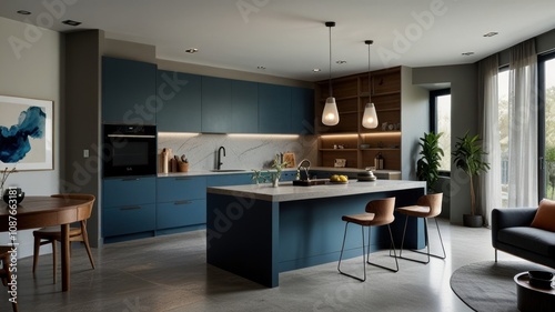 Here's a possible and keyword list for the image.. Modern kitchen design with teal cabinets, island, and open living space.