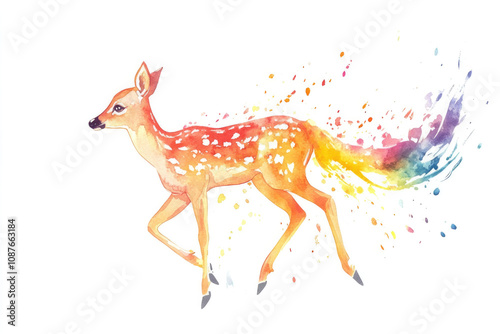 A deer gracefully runs with a rainbow trail flowing behind it, depicted in a watercolor painting that captures a sense of freedom and movement with colorful vibrancy.