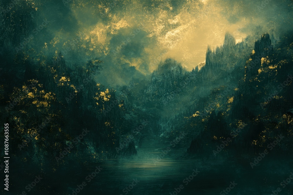 Naklejka premium Golden Light in Mystic Forest