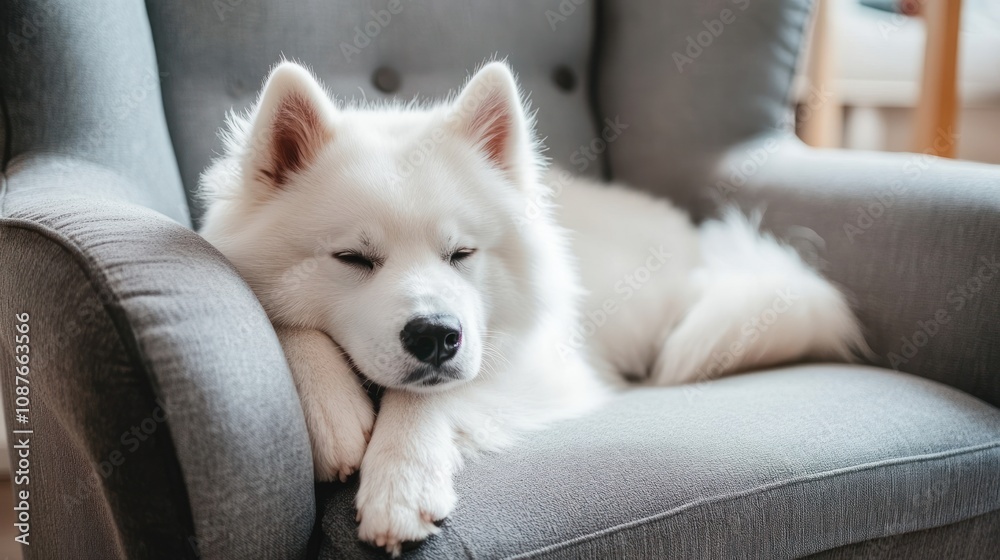 A fluffy white dog peacefully sleeping on a cozy armchair. A fluffy white dog peacefully sleeping on a cozy armchair.