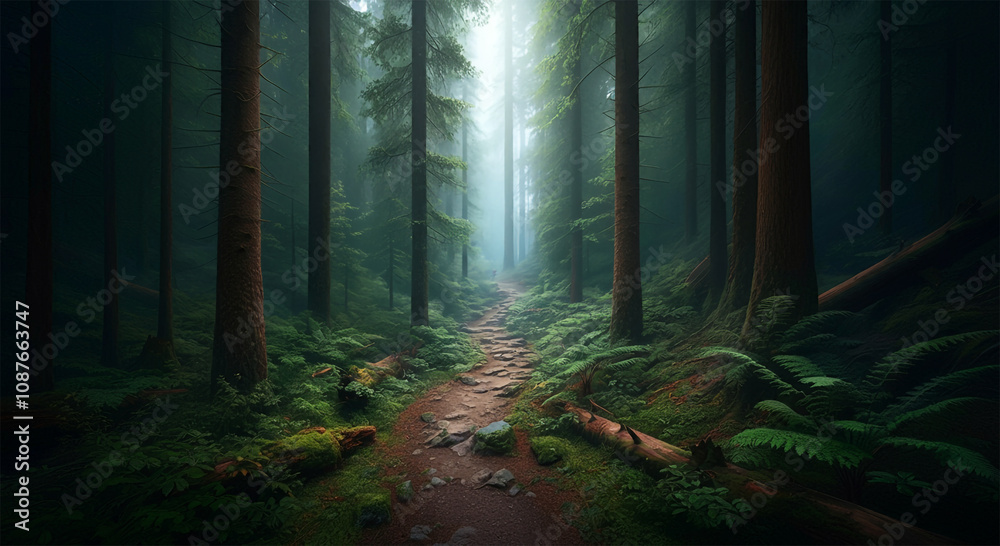 Fototapeta premium Hiking trail in the Spring, mature trees, vibrant colors, dense forest, wooded nature landscape 
