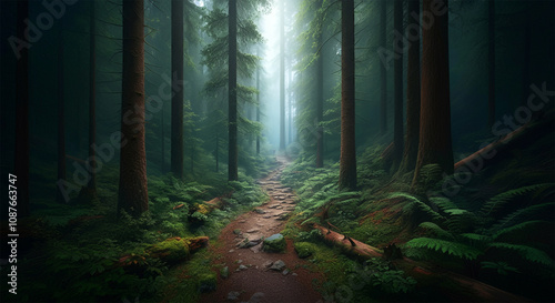 Hiking trail in the Spring, mature trees, vibrant colors, dense forest, wooded nature landscape
