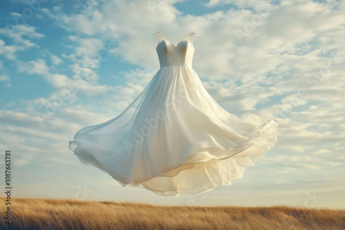 A beautiful white dress elegantly floating over a golden field of grass under a partly cloudy sky, suggesting romance and grace in an ethereal dreamlike setting. photo