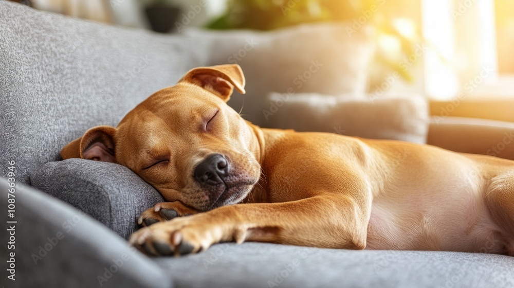 A sleeping dog resting comfortably on a couch in a cozy setting. A sleeping dog resting comfortably on a couch in a cozy setting.