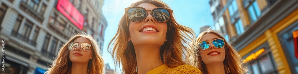 Stylish Dynamic Trio of Young Women Wearing Sunglasses Smiling and Enjoying Their Day Out in a Vibrant Urban Setting Under Bright Sunshine Stylish Dynamic Trio of Young Women Wearing Sunglasses Smiling and Enjoying Their Day Out in a Vibrant Urban Setting Under Bright Sunshine