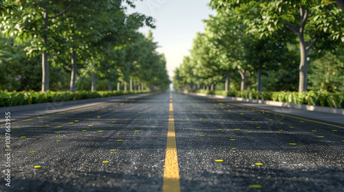 Serene Urban Road Surrounded by Lush Green Trees, Perfect for Nature Walks or Scenic Drive, Capturing the Essence of Peaceful City Life and Beautiful Landscapes