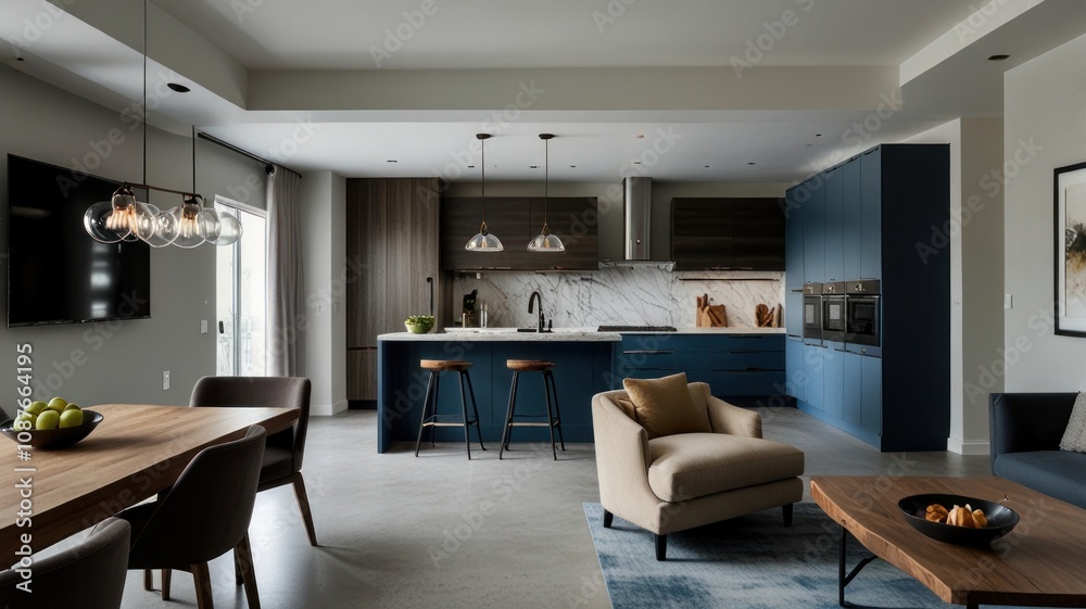 Modern open-plan kitchen and living area with blue cabinetry, wood accents, and marble countertops. Modern open-plan kitchen and living area with blue cabinetry, wood accents, and marble countertops.