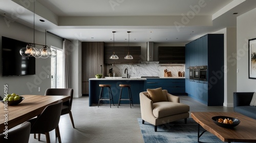 Modern open-plan kitchen and living area with blue cabinetry, wood accents, and marble countertops.