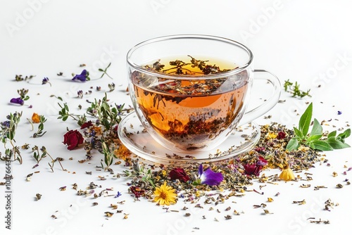 A cup of herbal tea surrounded by dried flowers and herbs.