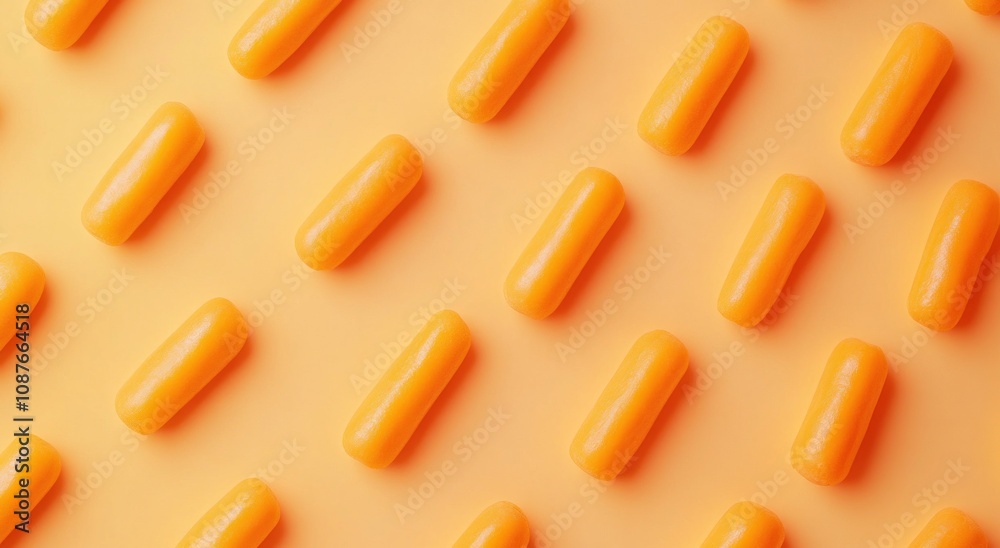 An array of orange capsules arranged on a soft orange background. An array of orange capsules arranged on a soft orange background.