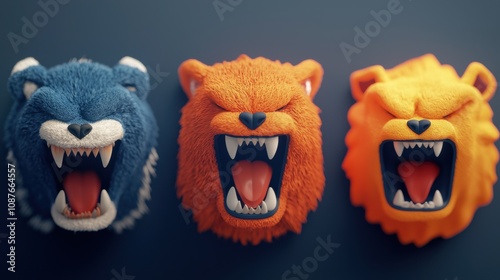 Cyberbullying on social media concept. Colorful and fierce lion heads representing strength and power. photo