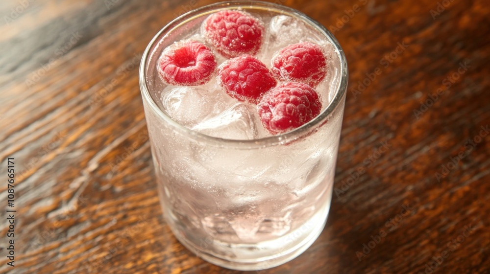 A refreshing drink with ice and raspberries in a glass on a wooden surface. A refreshing drink with ice and raspberries in a glass on a wooden surface.