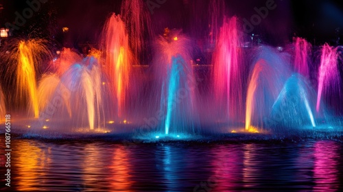 Nighttime Illuminated Fountain Show Colorful Water Jets Dance