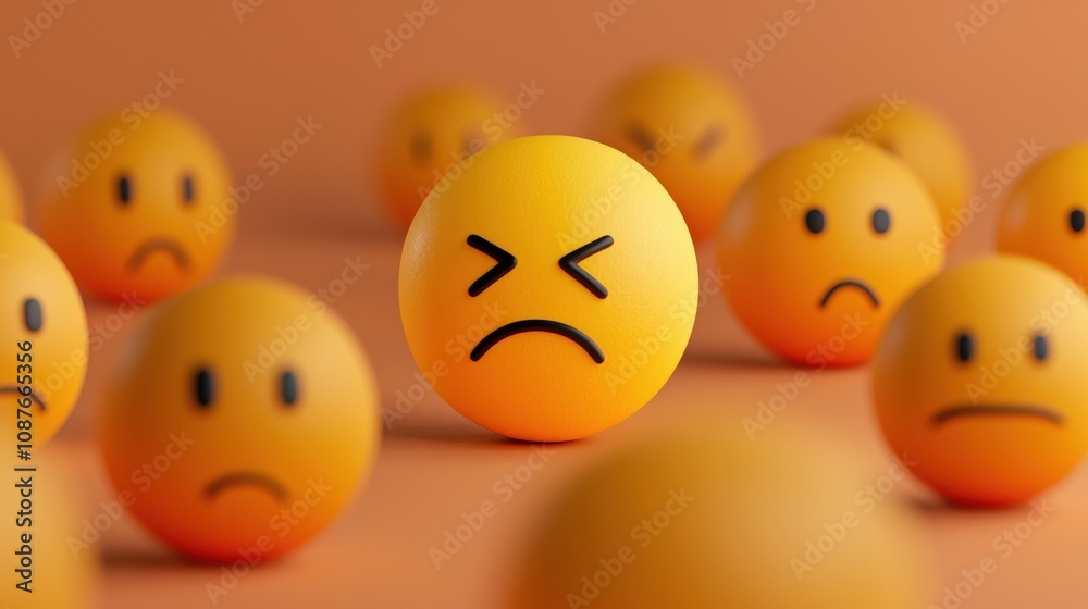 Cyberbullying on social media concept. Expressions of frustration among unhappy emoticons in focus.