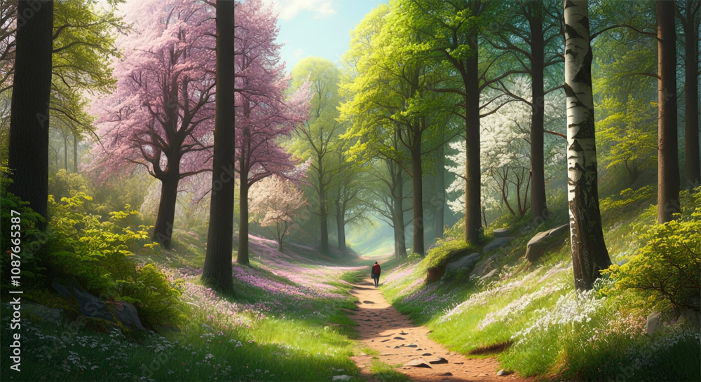 Fototapeta premium Hiking trail in the Spring, mature trees, vibrant colors, dense forest, wooded nature landscape 