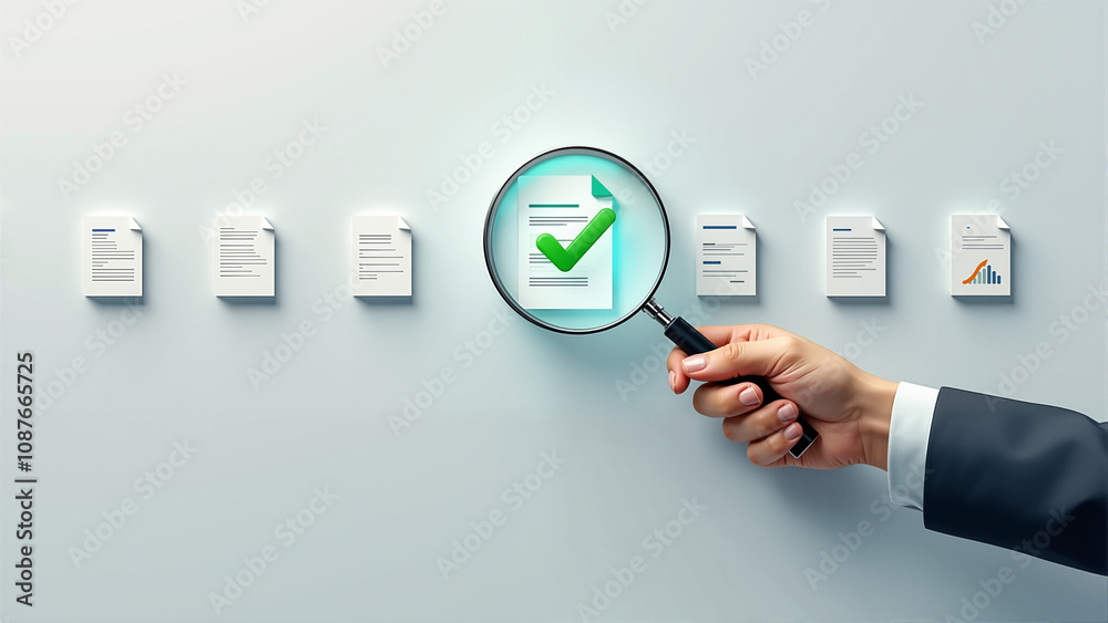 Document Verification Process: Magnifying Glass Highlighting Key Details with Checkmark, Emphasizing Accuracy, Quality Assurance, and Efficient Review in a Modern Professional Workflow. Document Verification Process: Magnifying Glass Highlighting Key Details with Checkmark, Emphasizing Accuracy, Quality Assurance, and Efficient Review in a Modern Professional Workflow.