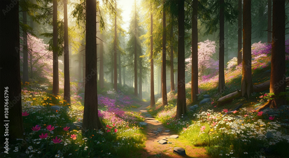 Fototapeta premium Hiking trail in the Spring, mature trees, vibrant colors, dense forest, wooded nature landscape 
