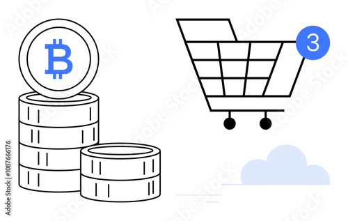 Bitcoin coins stacked next to a digital shopping cart with a notification bubble showing three items. Ideal for e-commerce, cryptocurrency, finance, digital transactions, online shopping, blockchain