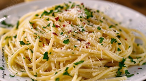 A delicious plate of spaghetti aglio e olio with garlic, olive oil