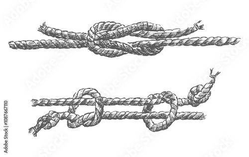 Hand drawing of two nautical knots, rigging rope, vector illustration isolated on white