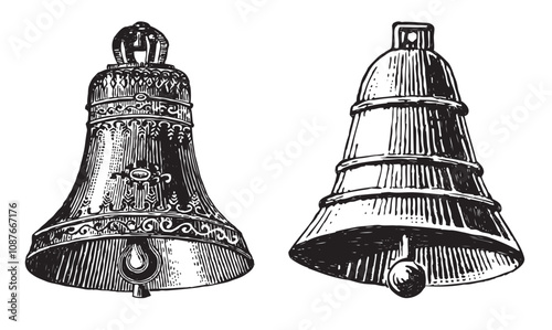 Hand drawn two old cast metal bells, vector illustration isolated on white