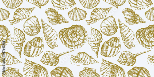 Seamless pattern of sketches different seashells, vector hand drawn background, paper, textile, wallpaper, fabric