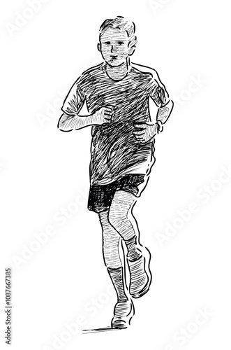 Sketch of one teen schoolboy on wellness jogging, realistic hand drawn vector