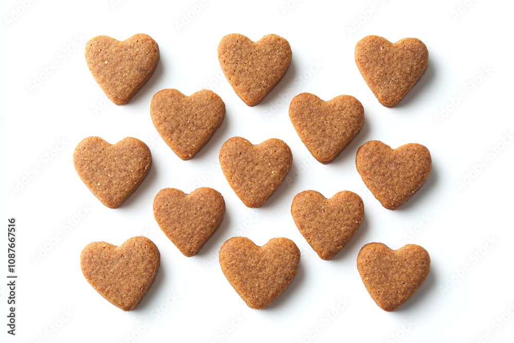 Heart-shaped natural brown dog biscuits arranged symmetrically on white background. Heart-shaped natural brown dog biscuits arranged symmetrically on white background.