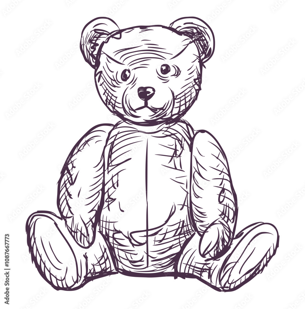 Naklejka premium Teddy bear retro plush toy sketch doodle vector outline hand drawn illustration isolated on white