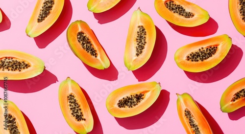 A vibrant arrangement of halved papayas on a pink background.