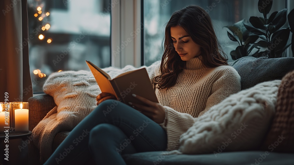 Young Woman Enjoying Literature Indoors Nestled in Comforting Candle Glow : Generative AI Young Woman Enjoying Literature Indoors Nestled in Comforting Candle Glow : Generative AI