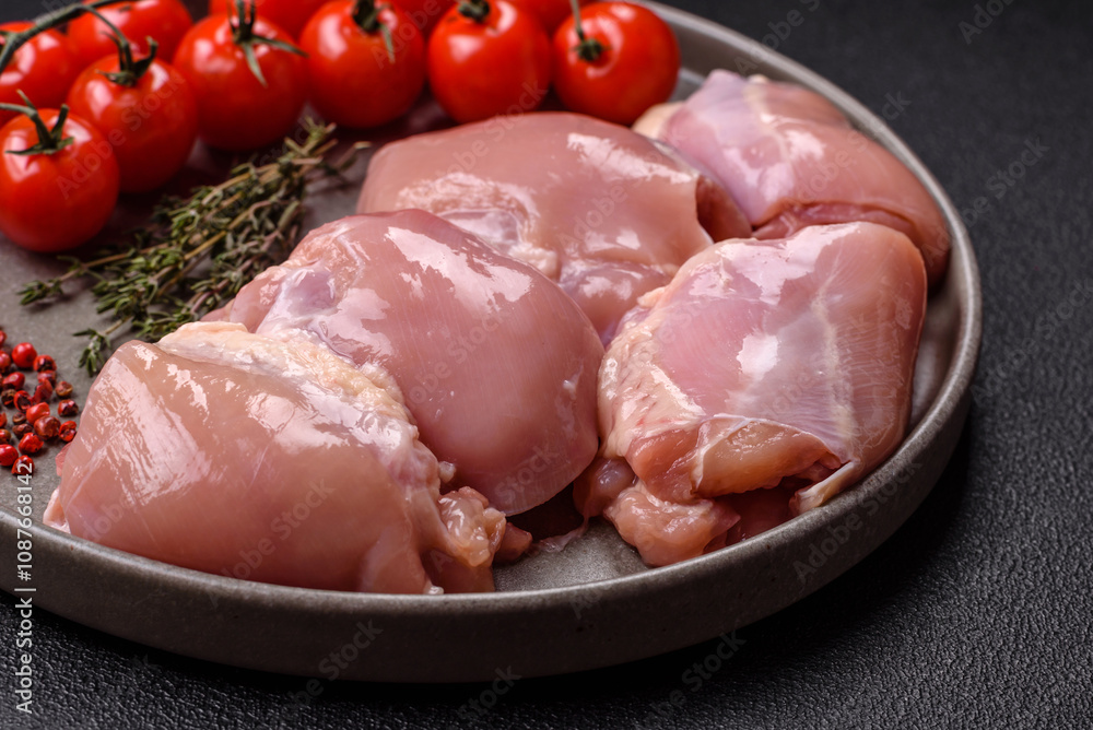 Fresh raw chicken thigh fillets with salt, spices and herbs Fresh raw chicken thigh fillets with salt, spices and herbs