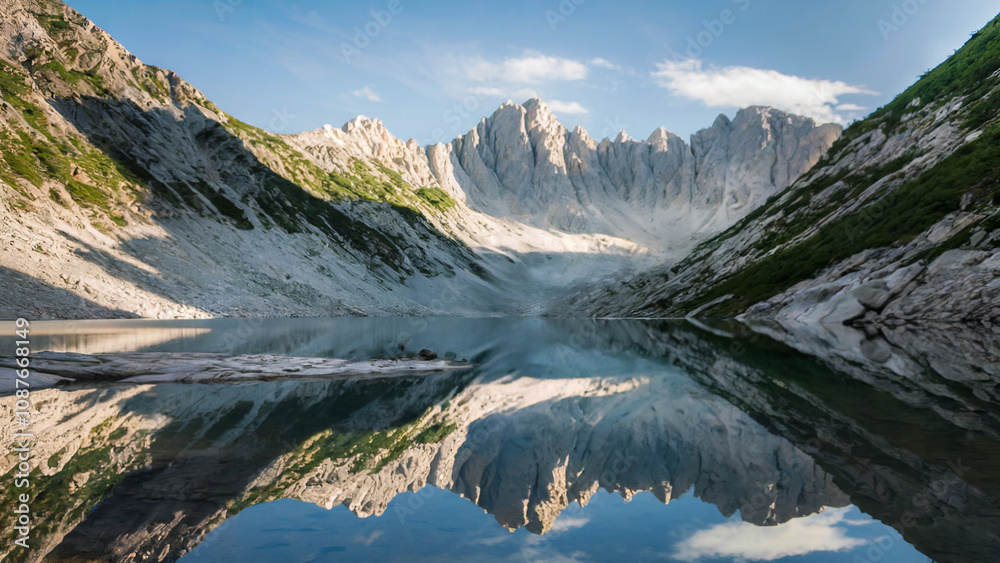 Obraz premium A stunning mountainous landscape with jagged peaks stretching towards the azure sky. A tranquil, reflective body of water rests in the foreground, reflecting the mountains and the sky.