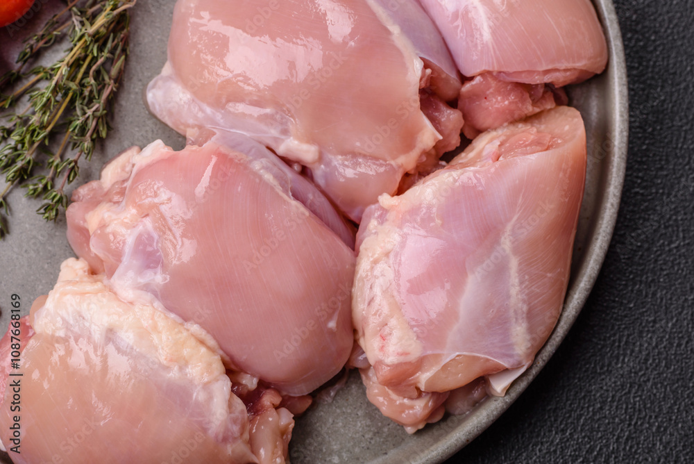 Fresh raw chicken thigh fillets with salt, spices and herbs Fresh raw chicken thigh fillets with salt, spices and herbs