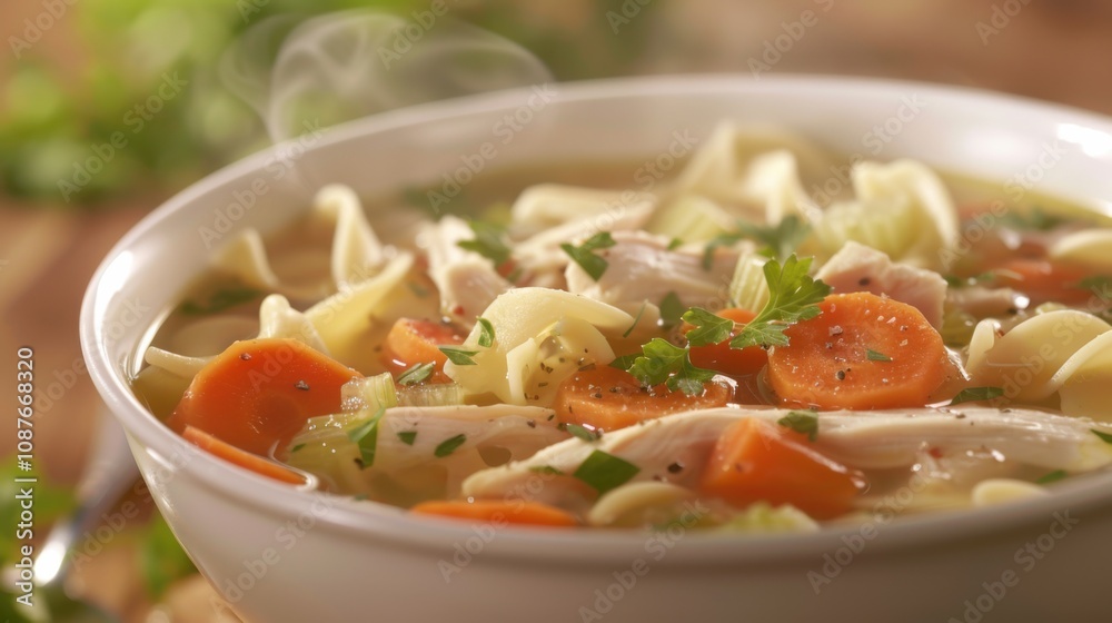 A delightful bowl of chicken noodle soup with tender pieces of chicken, carrots A delightful bowl of chicken noodle soup with tender pieces of chicken, carrots