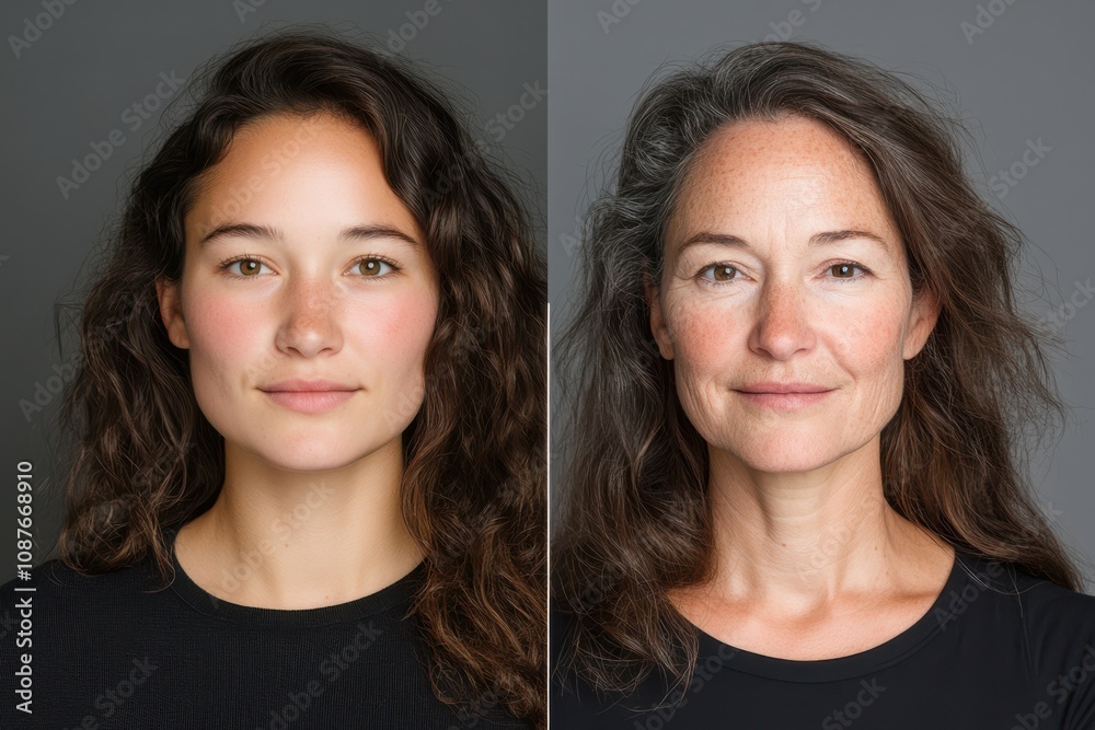 A split image shows the youthful vibrance and mature elegance of a woman, capturing the essence of aging and timelessness. A split image shows the youthful vibrance and mature elegance of a woman, capturing the essence of aging and timelessness.