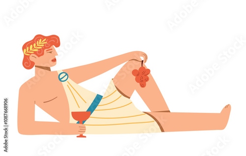 A man dressed in a toga is lying and drinking wine. Ancient Greece and the Greeks. The god Dionysus.