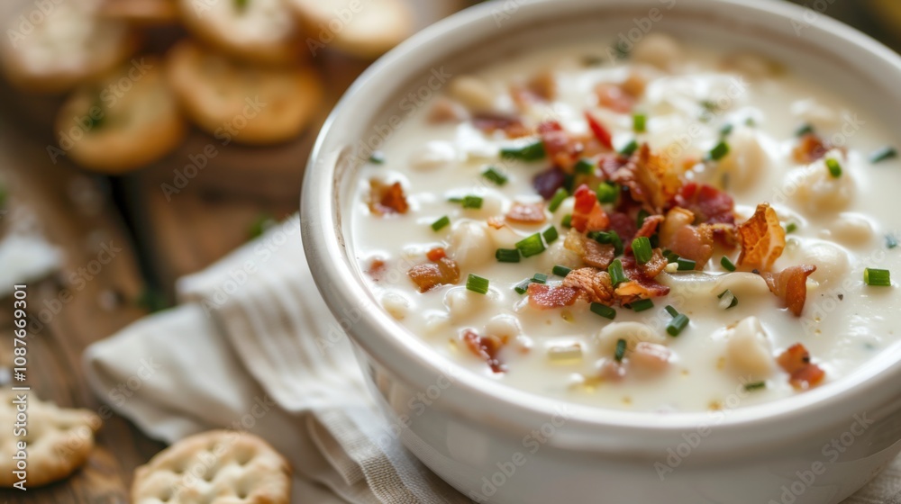 A delightful bowl of creamy clam chowder garnished with crispy bacon bits and chopped chives, Chowder bowl placed off-center A delightful bowl of creamy clam chowder garnished with crispy bacon bits and chopped chives, Chowder bowl placed off-center