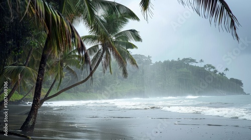 Fototapeta Naklejka Na Ścianę i Meble -  Tropical Beach Storm with Swaying Palm Trees and Crashing Waves