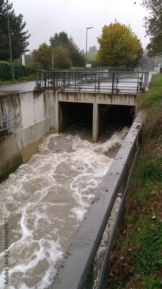 Flood control systems in a city manage water flow during heavy rain