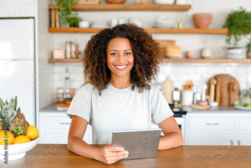 Cheerful young Woman with curly hair using Tablet in stylish kitchen. Perfect for themes of technology, lifestyle, cooking, and home design, online shopping.