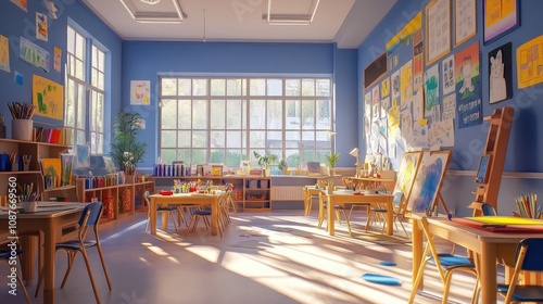 A bright and colorful classroom filled with art supplies and children's projects, reflecting a joyful learning environment.