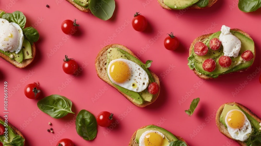 A vibrant arrangement of avocado toast with eggs and cherry tomatoes on a pink background. A vibrant arrangement of avocado toast with eggs and cherry tomatoes on a pink background.