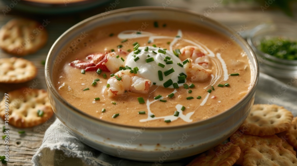 A delightful bowl of lobster bisque garnished with chopped chives and a drizzle of cream, Lobster bisque bowl centered A delightful bowl of lobster bisque garnished with chopped chives and a drizzle of cream, Lobster bisque bowl centered