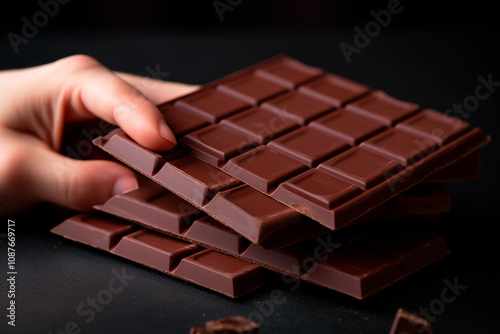 Pure cocoa chocolate bar in hand, perfect for sharing during a special occasion like Valentines. photo