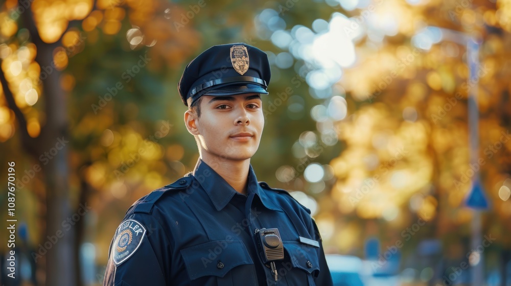 Confident Young Policeman in Uniform in Vibrant City Park Setting for Community Safety Theme Confident Young Policeman in Uniform in Vibrant City Park Setting for Community Safety Theme