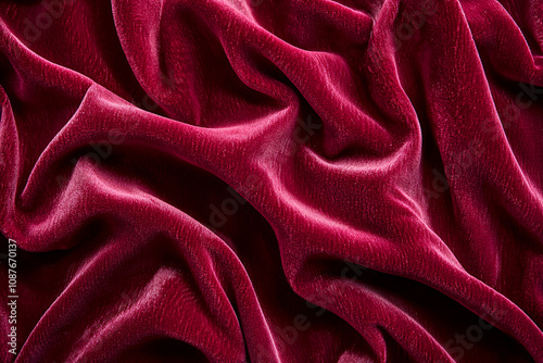 Red velvet, silk or chiffon fabric with a shiny sheen, arranged in a embossed pattern to reflect light beautifully, suitable for use as a background or wallpaper. photo